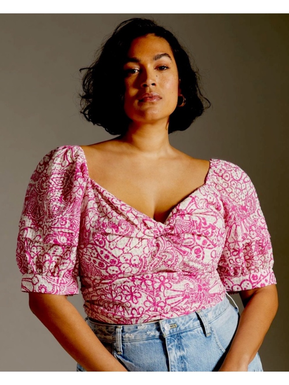 Anthropologie Pink Floral Tie-Back Puff Sleeve Crop Top